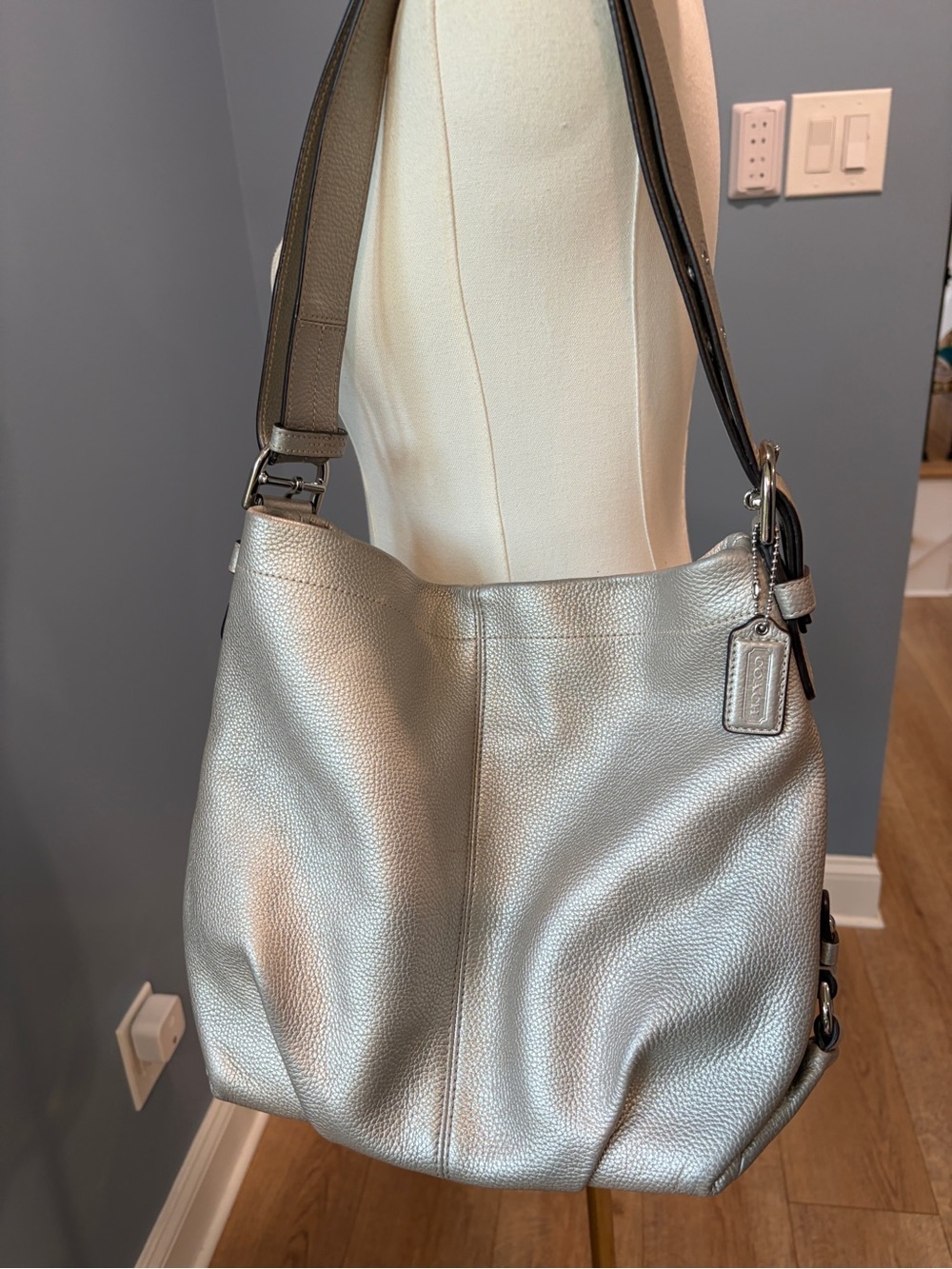 Coach Brooke Hobo F15054 Metallic Silver Pebbled Leather Crossbody Bag